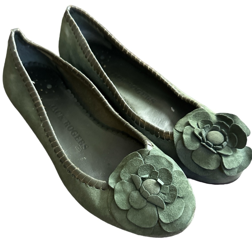 JACK ROGERS Olive Green Suede Flower Flats